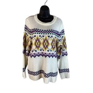 Talbots Sweater Mock neck XL Pullover Fair Isle Off White Gold